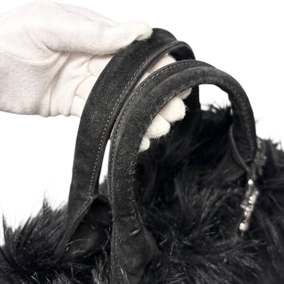 PRADA Vintage Faux Fur Fabric Tote Bag Black Silver Charm Triangle Logo [106226] - Picture 14 of 15